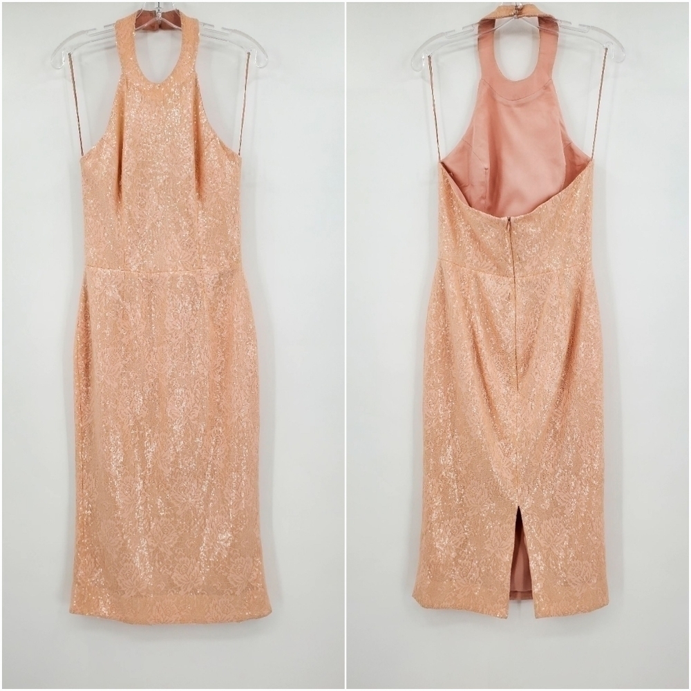 Dress The Population Floral Sequin Halter Neck Sleeveless Bodycon Dress